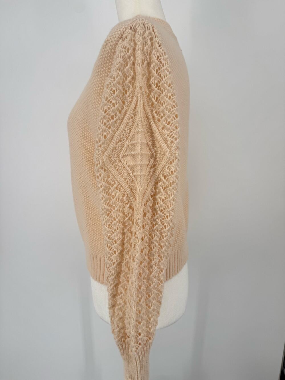 FME Cream Crochet Open Knit Sleeve Crewneck Sweater Size Small